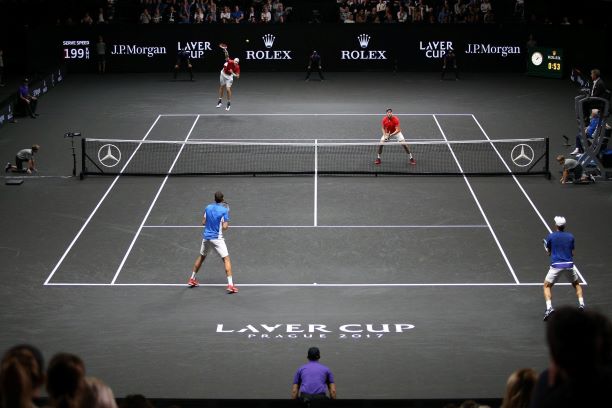 foto ze tyhry  akti: John Isner, Jack Sock, Marin ili, Tom Berdych (Praha 2017)